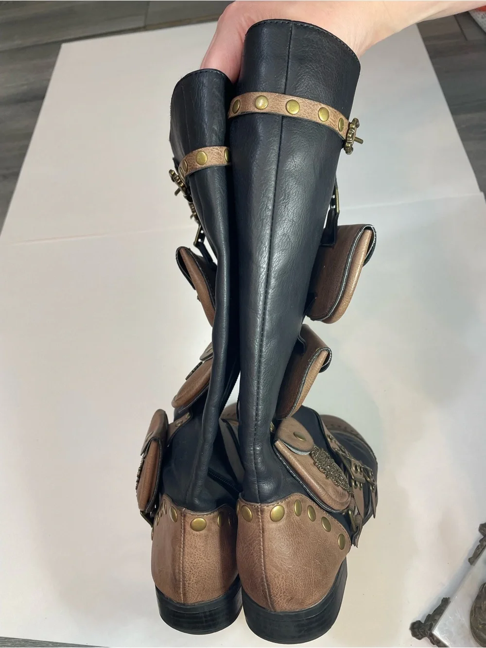 Ellie Black Tan Boots w Pouches & Buckles - Victorian Western Steampunk Cosplay - Picture 5 of 16